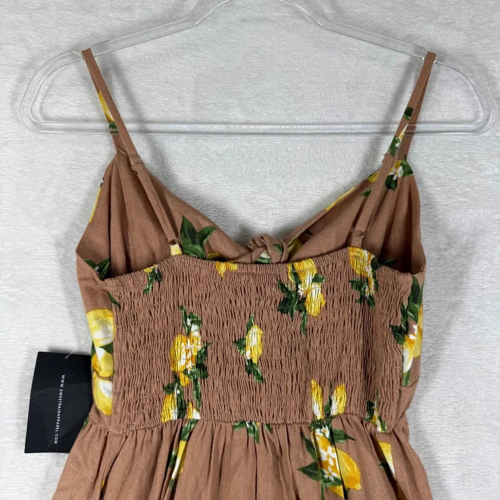 Sweet Rain Lemon Print Linen Blend Tie Front Mini Dress Tan Yellow Small - Picture 11 of 13